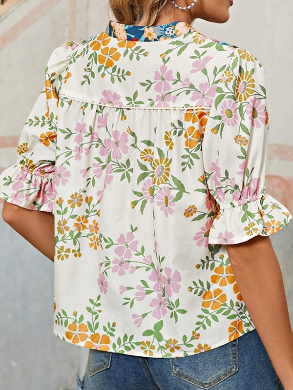 Multicolor Half Sleeve Boho Floral Blouse