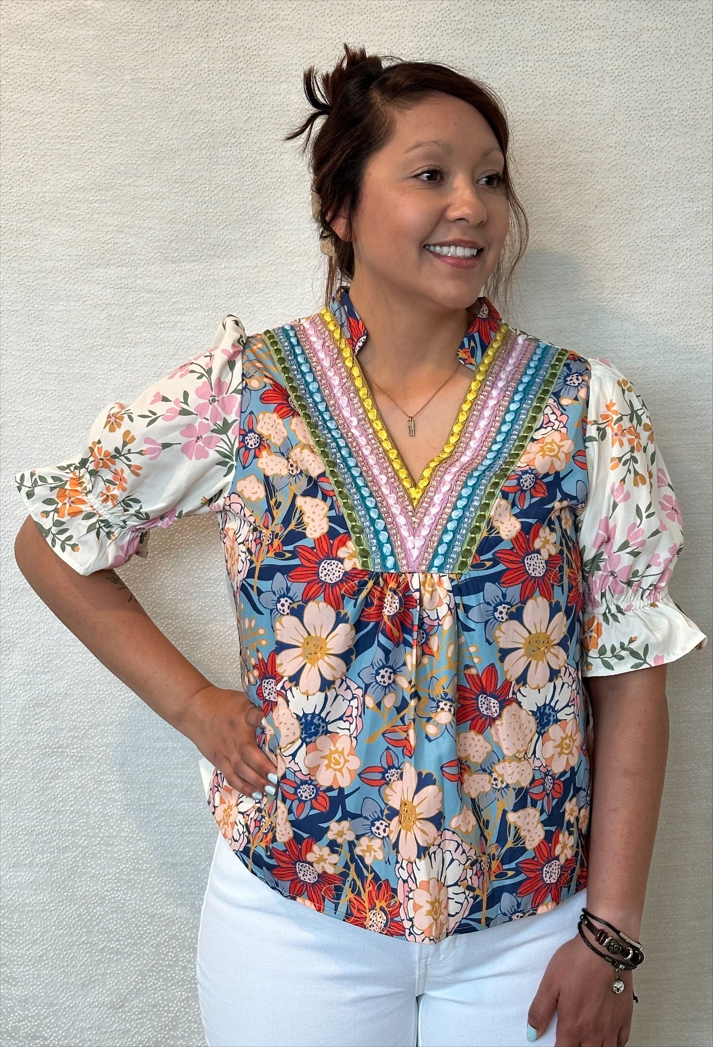 Multicolor Half Sleeve Boho Floral Blouse