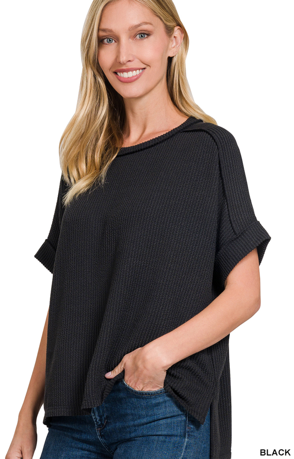 Corded Rib Short Cuff Sleeve Raw Edge Top - S/M & L/XL