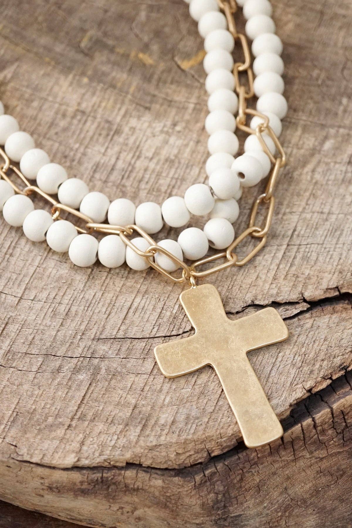 Multi Strand Wood Beads Cross Necklace
