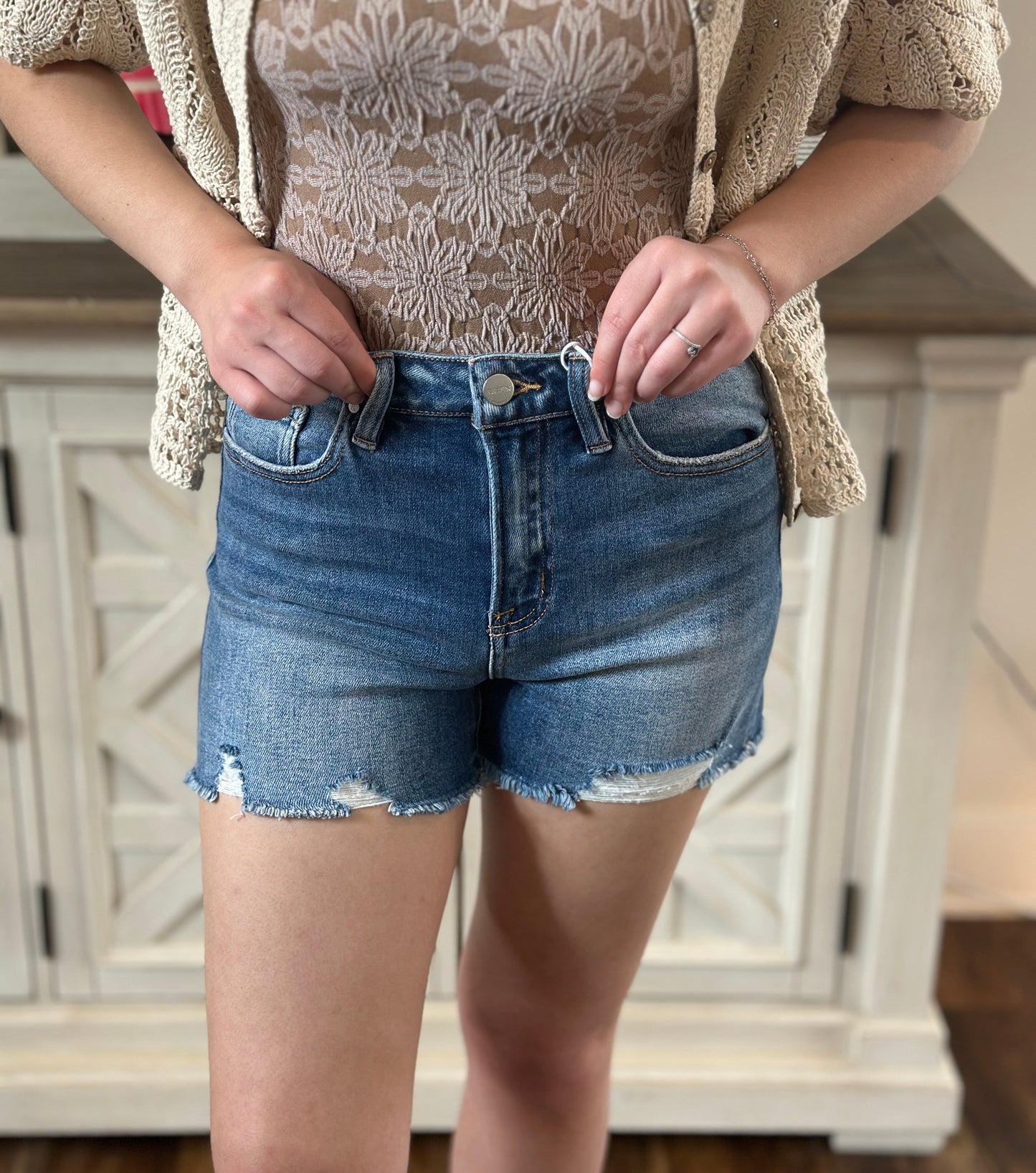 Downtown Distressed High Rise Shorts