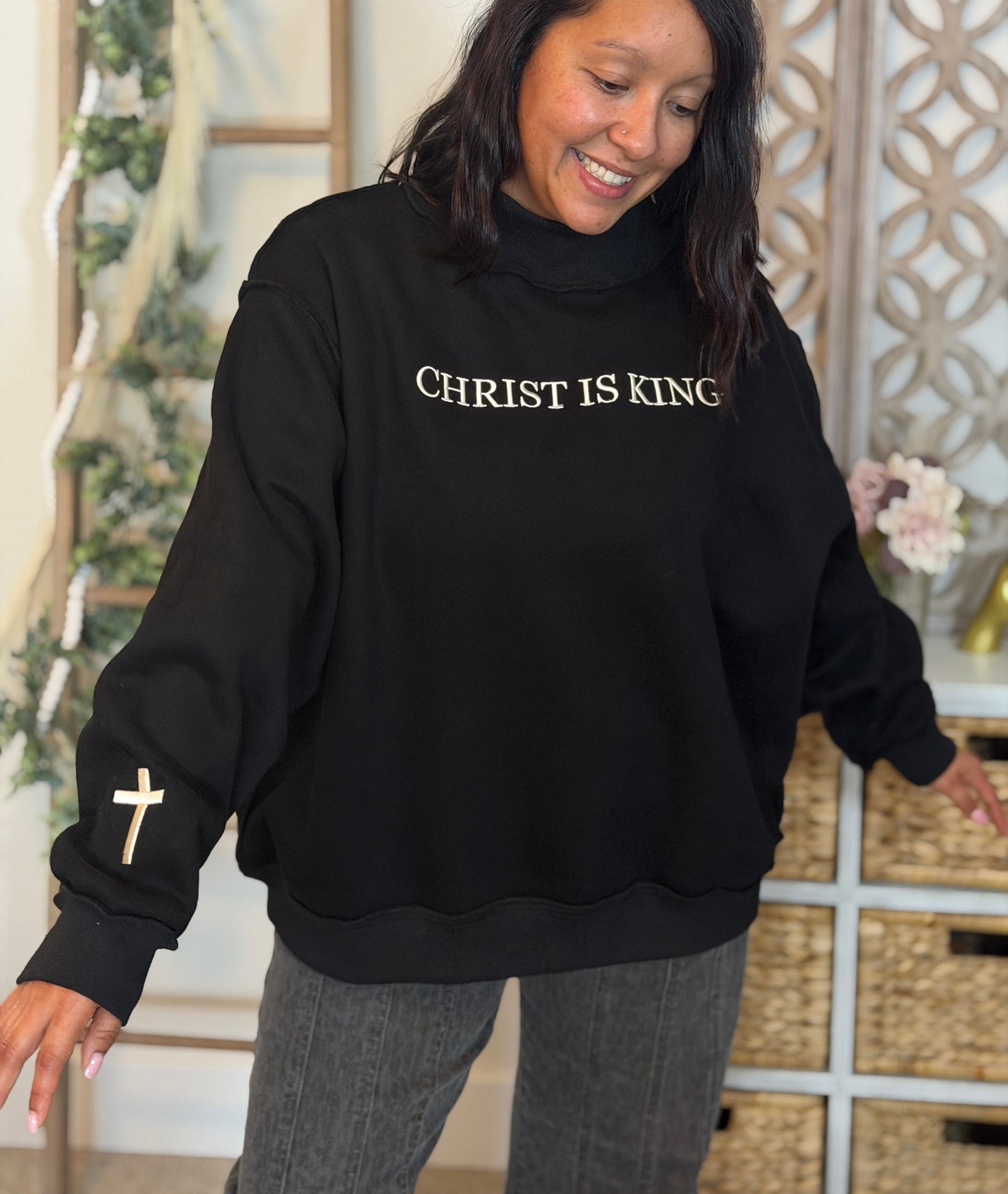 Christ Is King Embroidered Mock Neck Sweatshirt