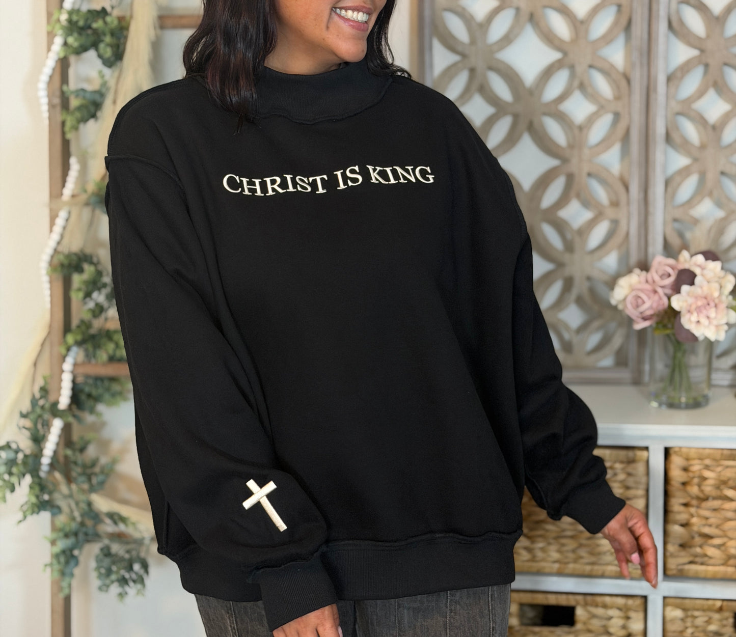 Christ Is King Embroidered Mock Neck Sweatshirt
