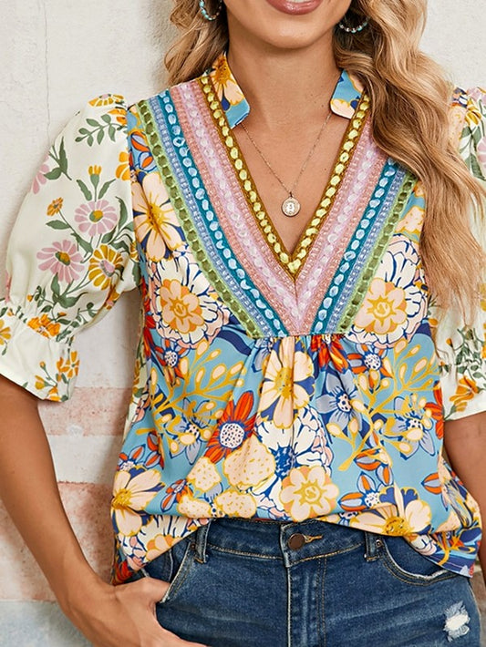 Multicolor Half Sleeve Boho Floral Blouse