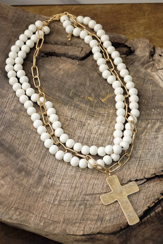 Multi Strand Wood Beads Cross Necklace