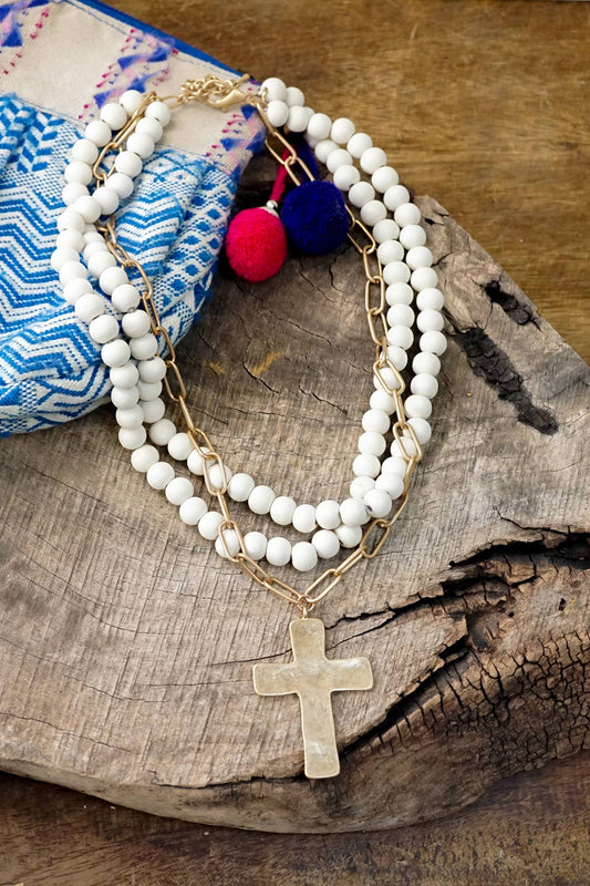Multi Strand Wood Beads Cross Necklace