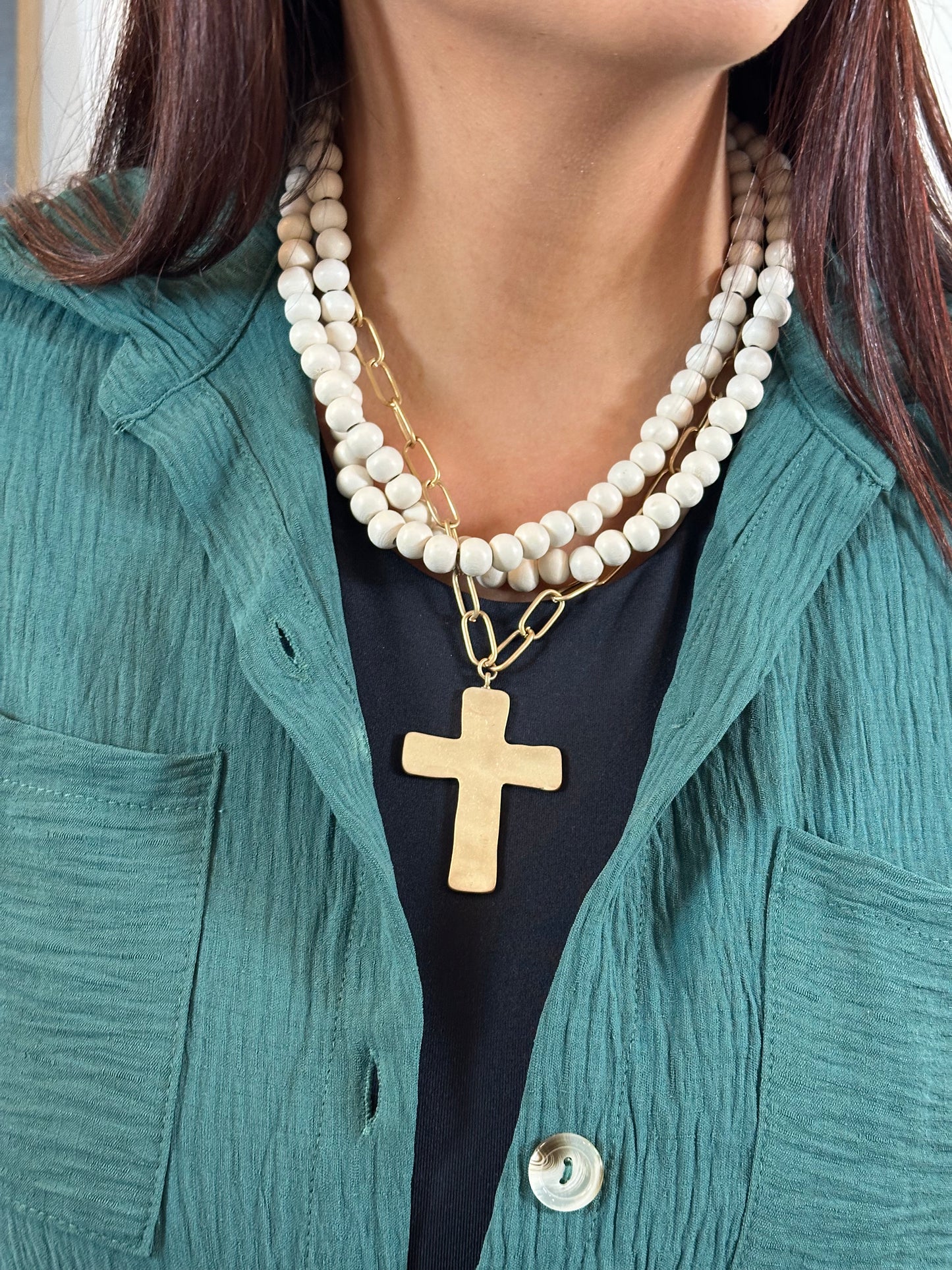 Multi Strand Wood Beads Cross Necklace