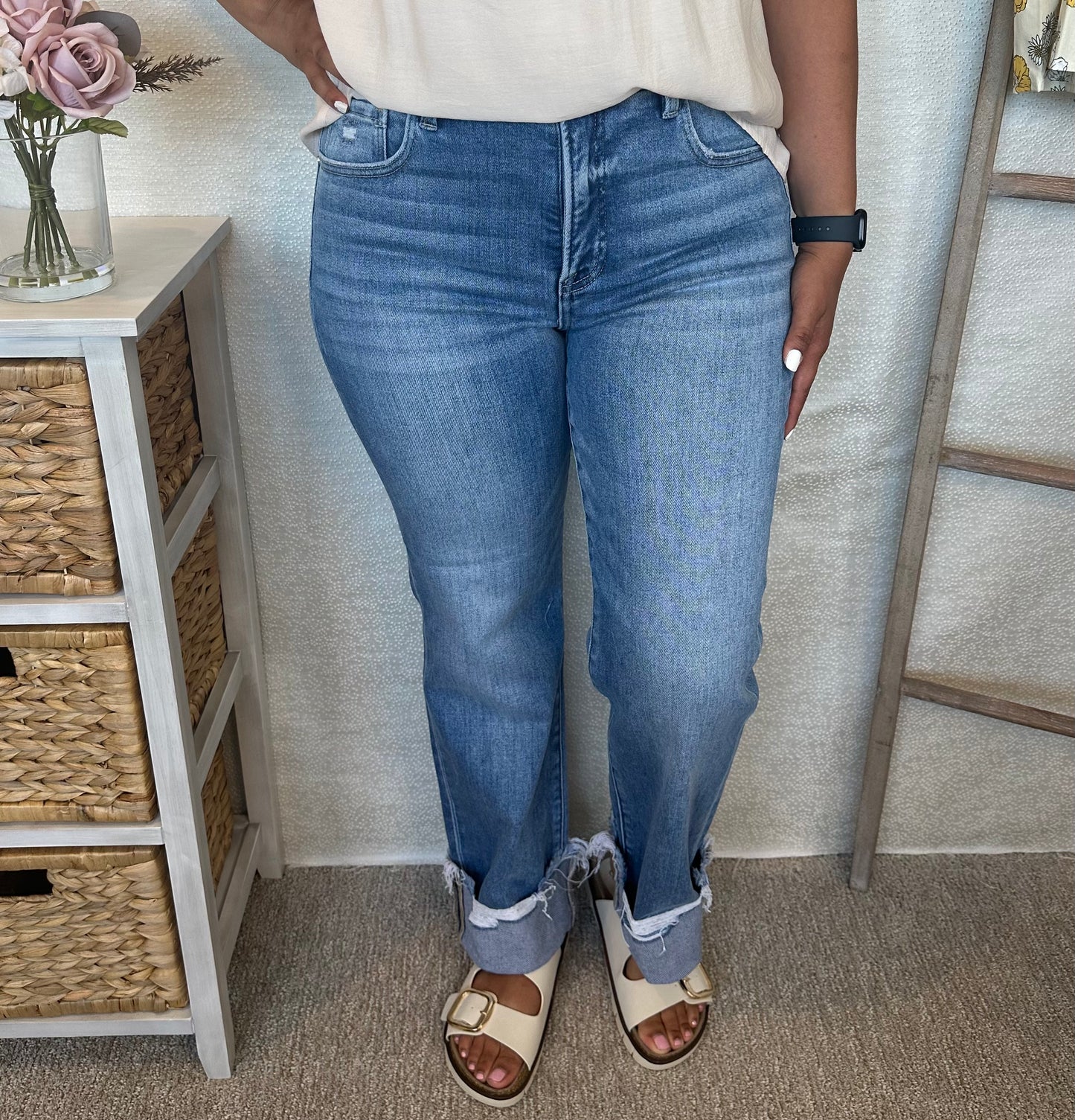 Tummy Control High Rise Crop Straight Cuff Jean