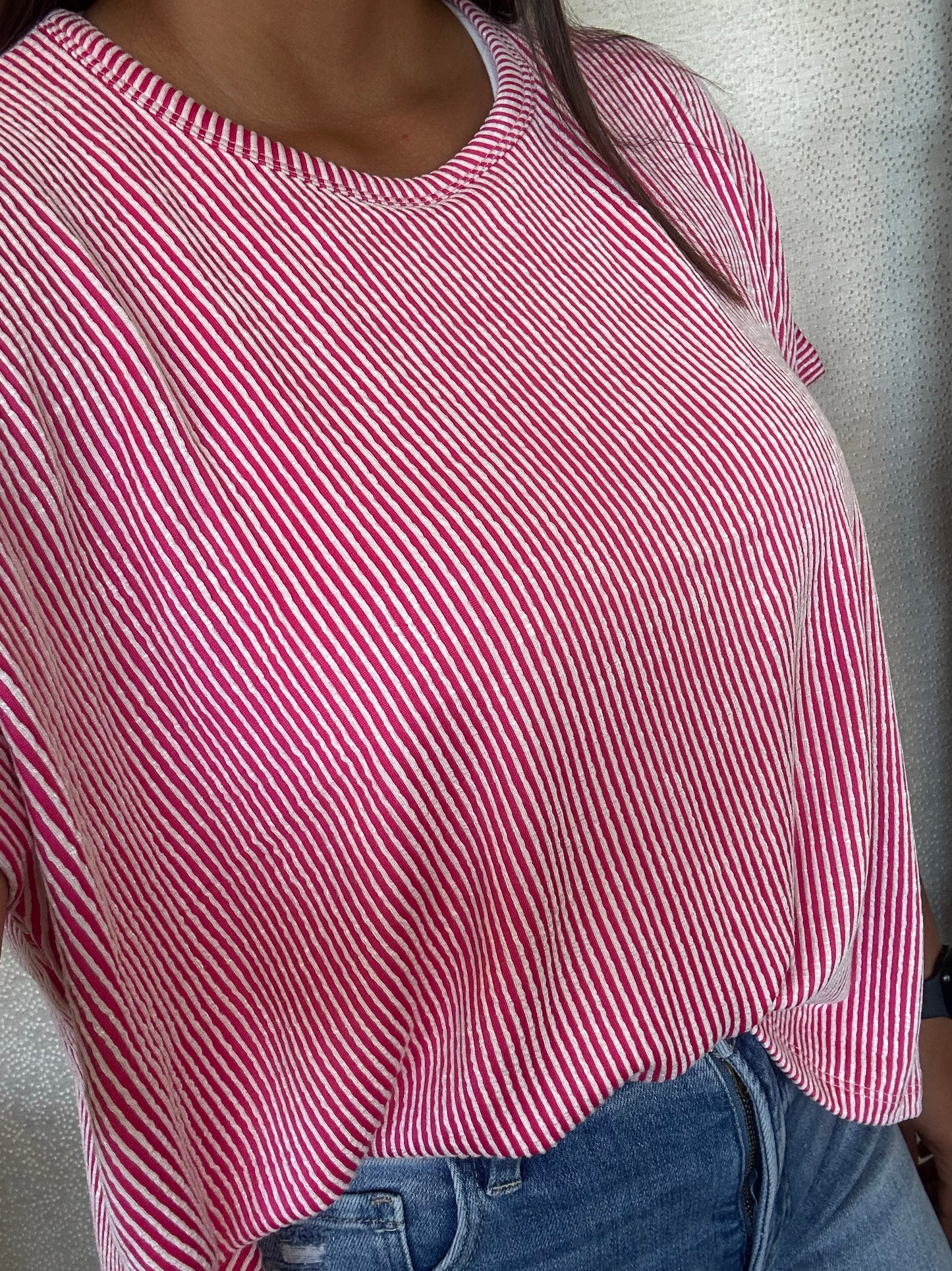 Ribbed Striped Oversized Top-Hot Pink