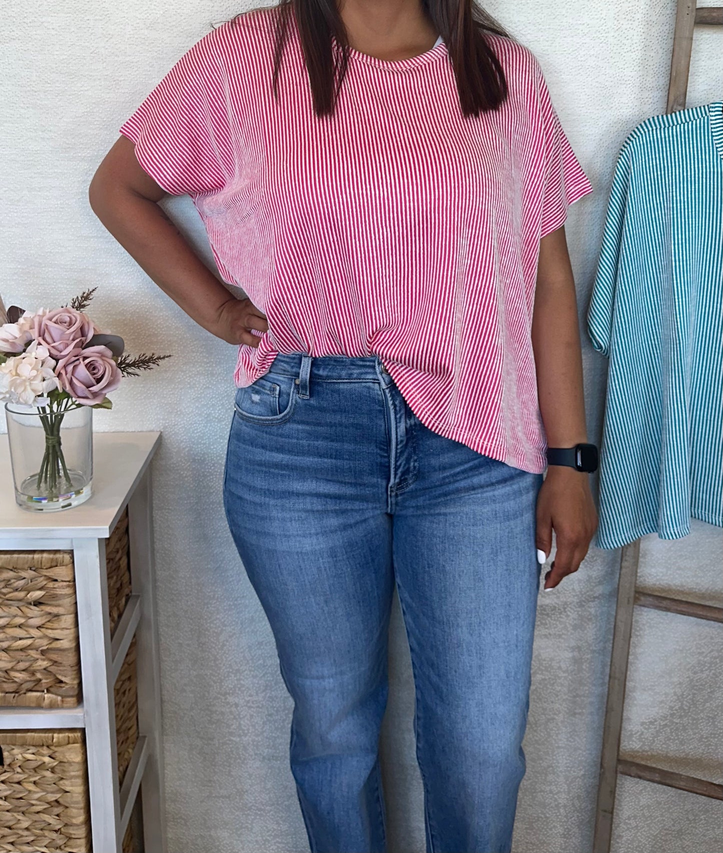 Ribbed Striped Oversized Top-Hot Pink