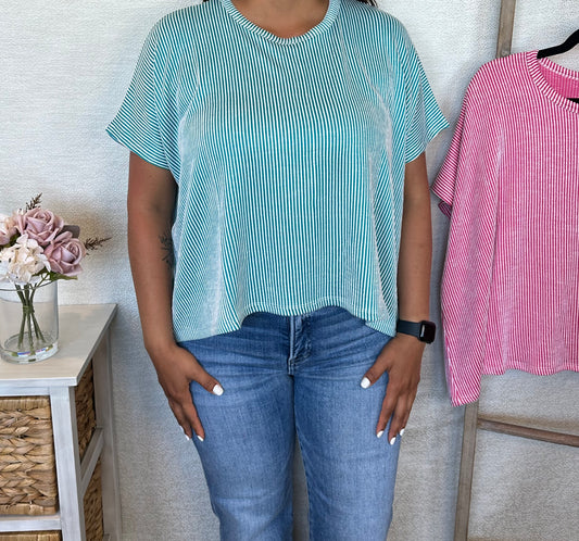 Ribbed Striped Oversized Top - Light Teal