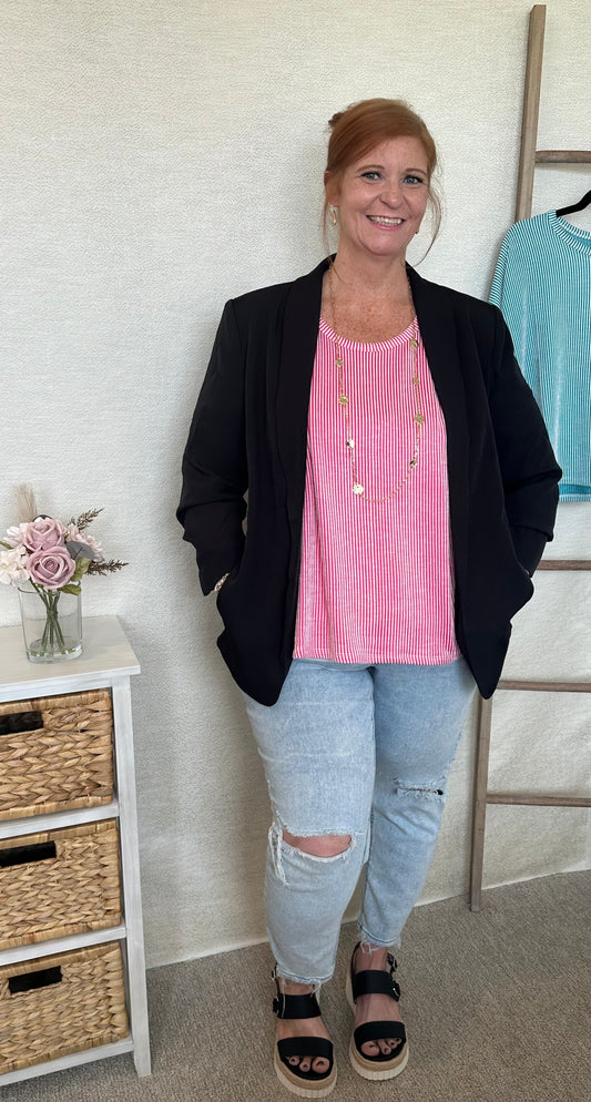 Ribbed Striped Oversized Top-Hot Pink