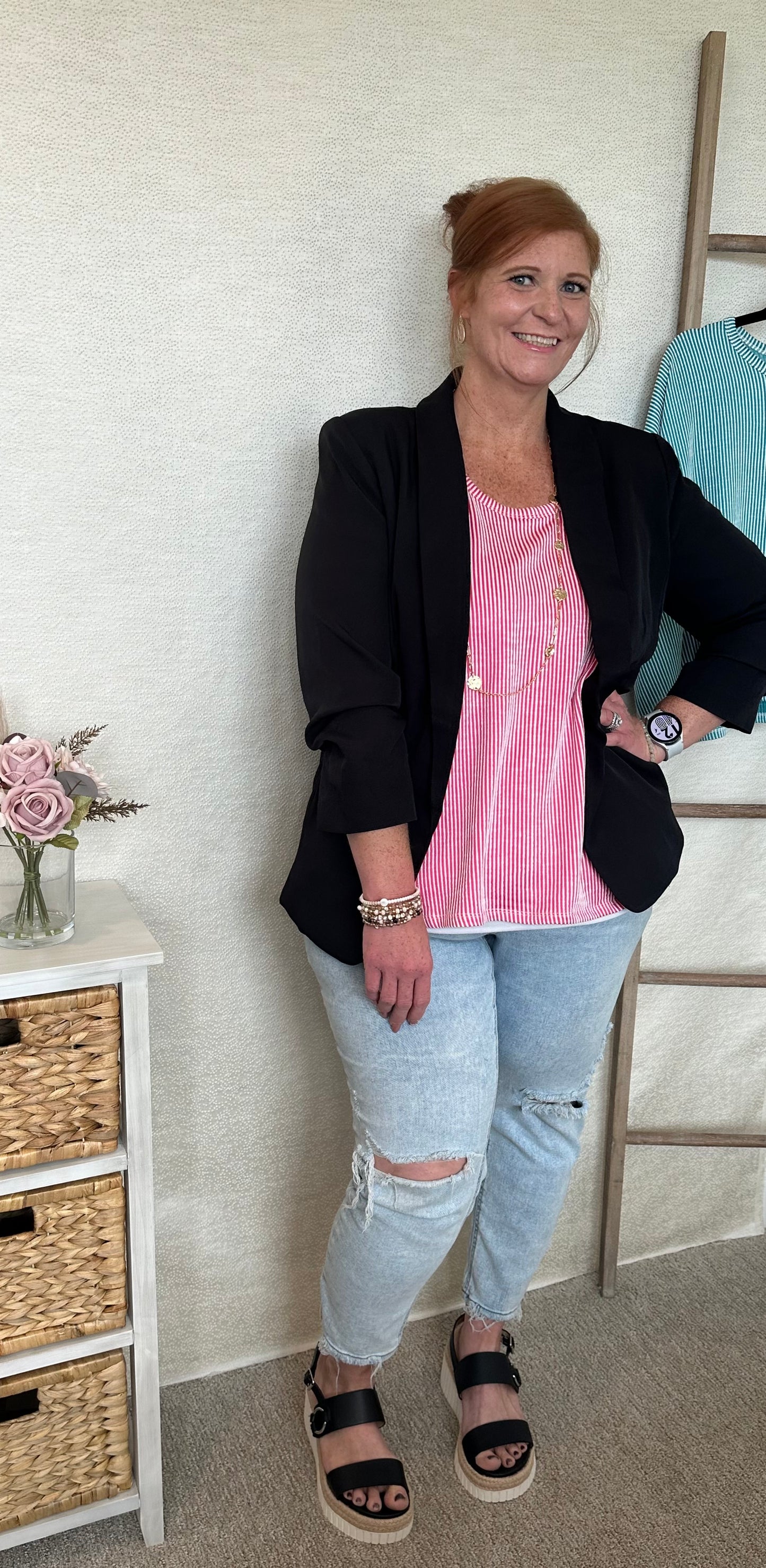 Ribbed Striped Oversized Top-Hot Pink