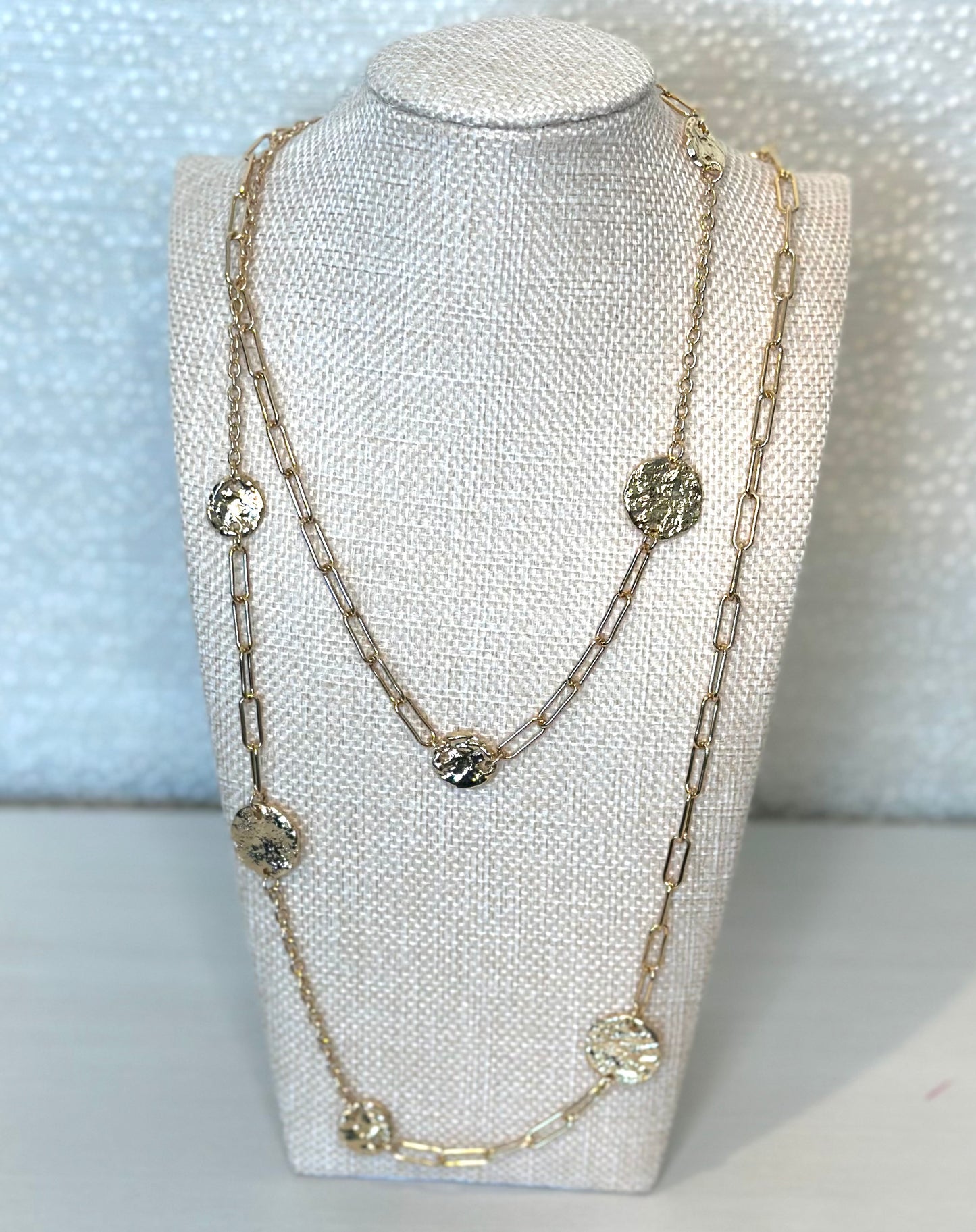 Hammered Station Coins Long Chain Necklace