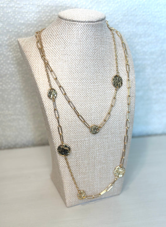 Hammered Station Coins Long Chain Necklace