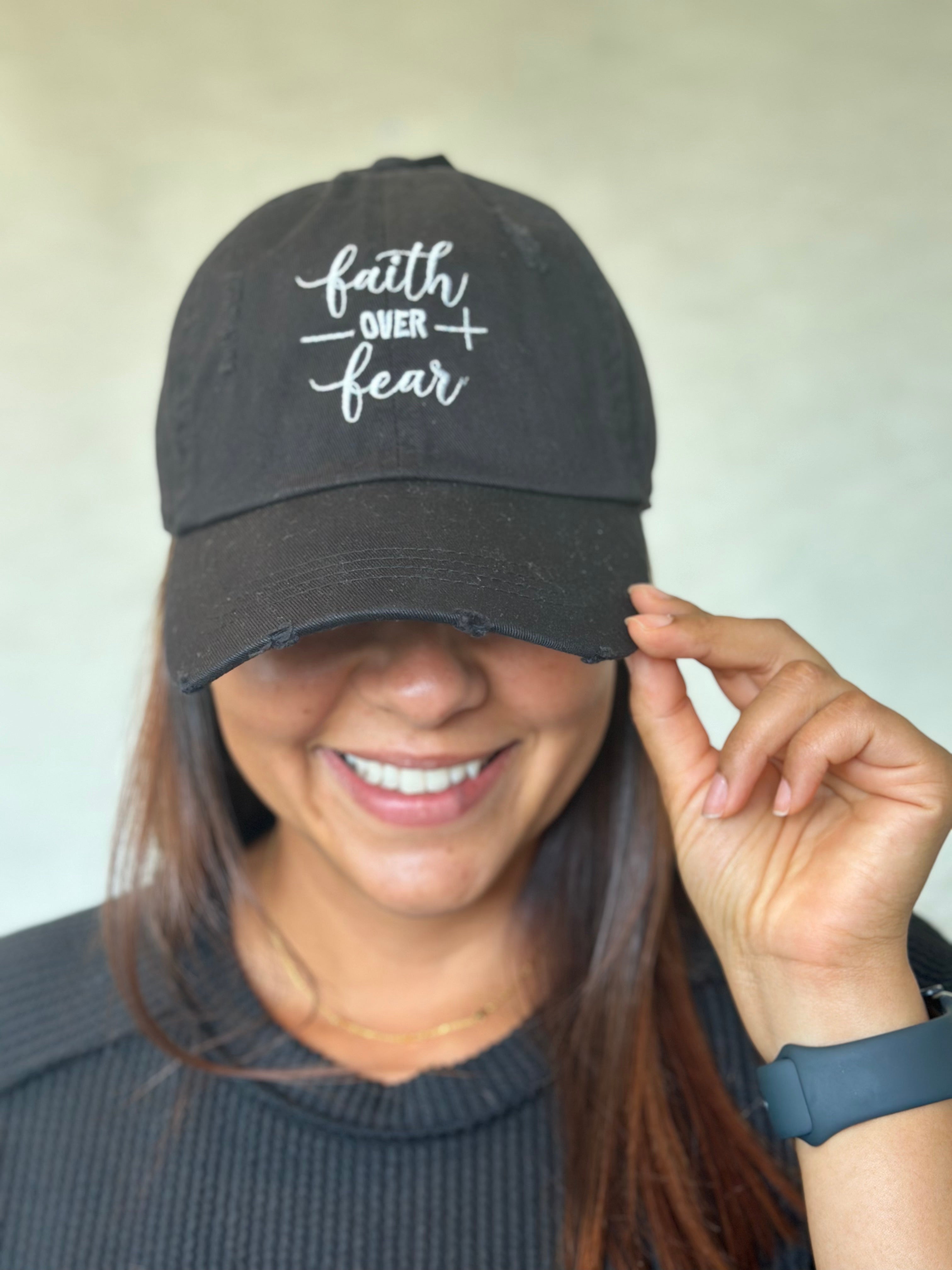 Faith Over Fear Distress Baseball Cap – Kansas Sky Boutique