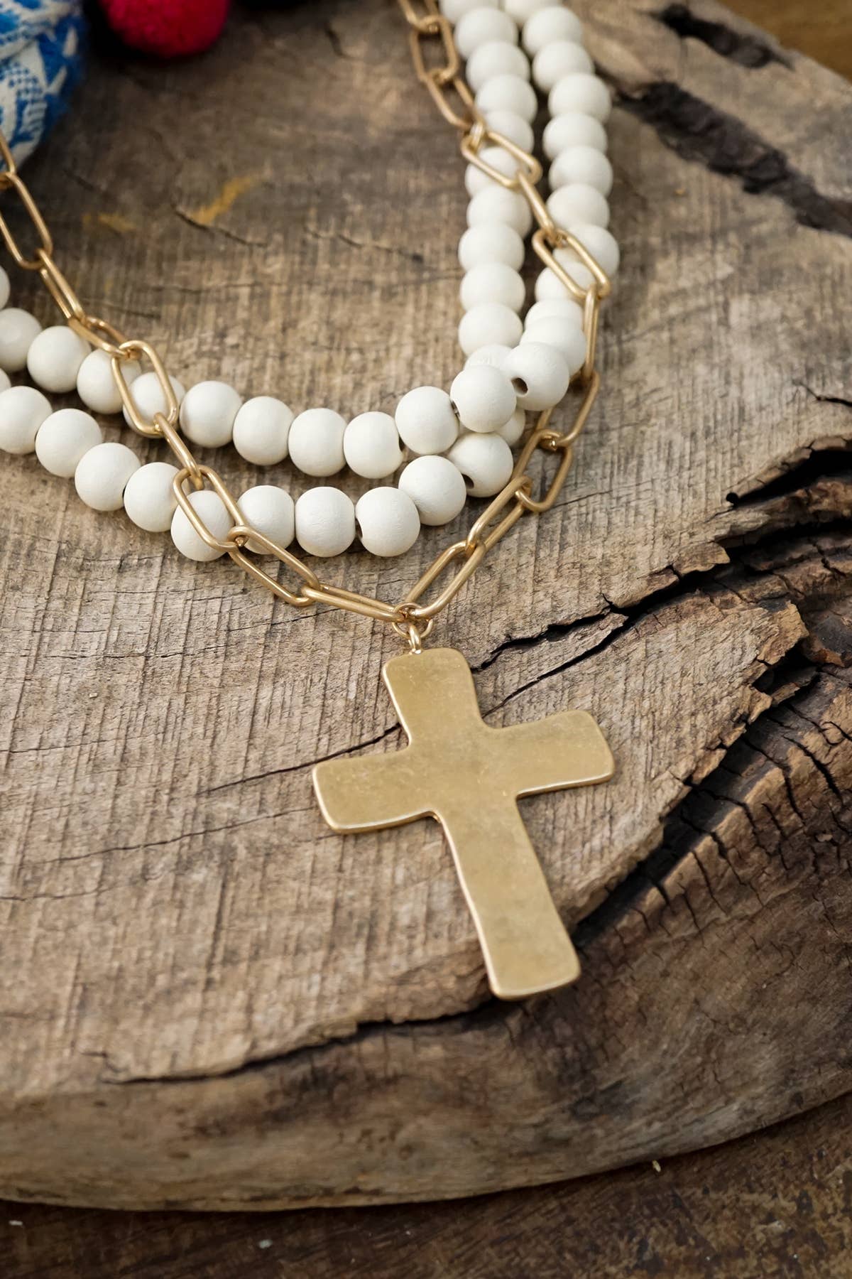 Multi Strand Wood Beads Cross Necklace