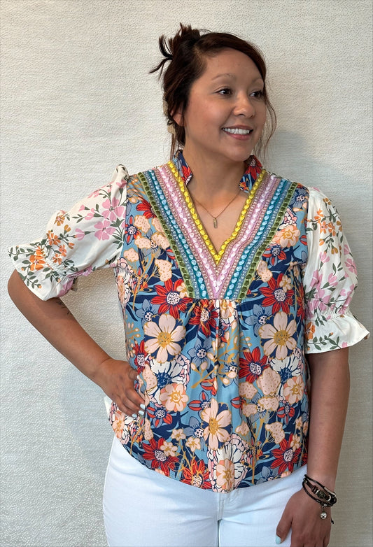 Multicolor Half Sleeve Boho Floral Blouse