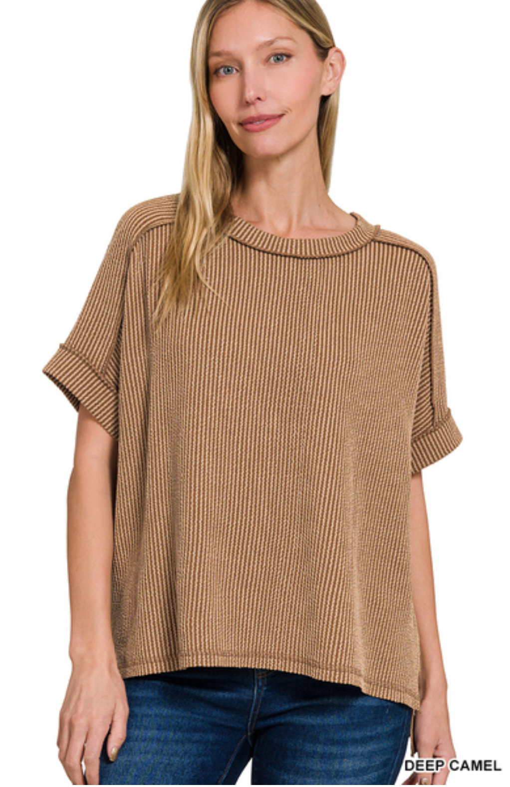 Corded Rib Short Cuff Sleeve Raw Edge Top - S/M & L/XL