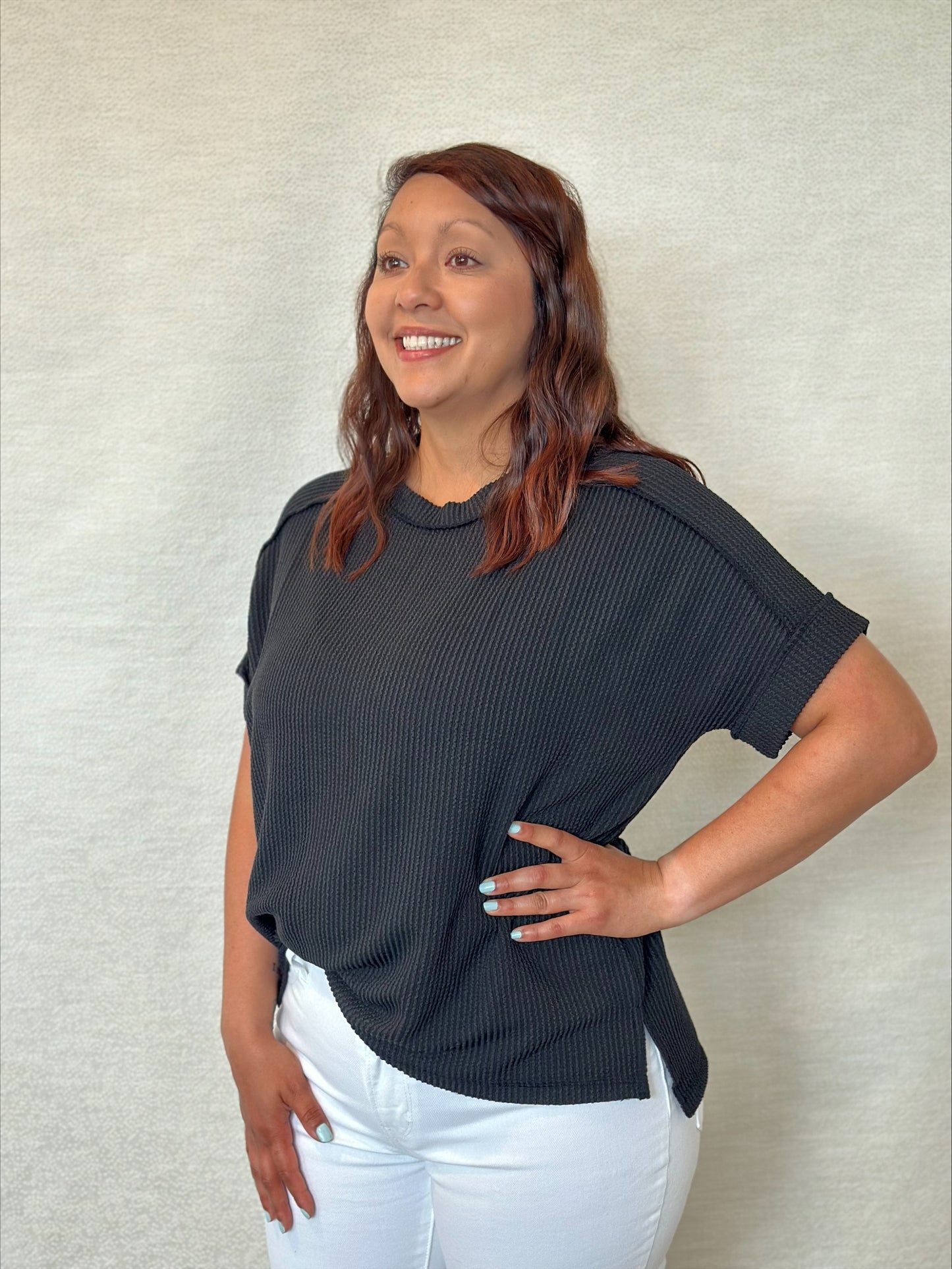 Corded Rib Short Cuff Sleeve Raw Edge Top - S/M & L/XL