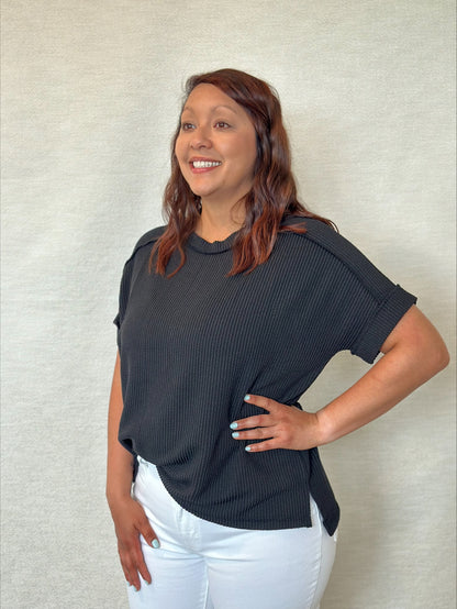Corded Rib Short Cuff Sleeve Raw Edge Top - S/M & L/XL