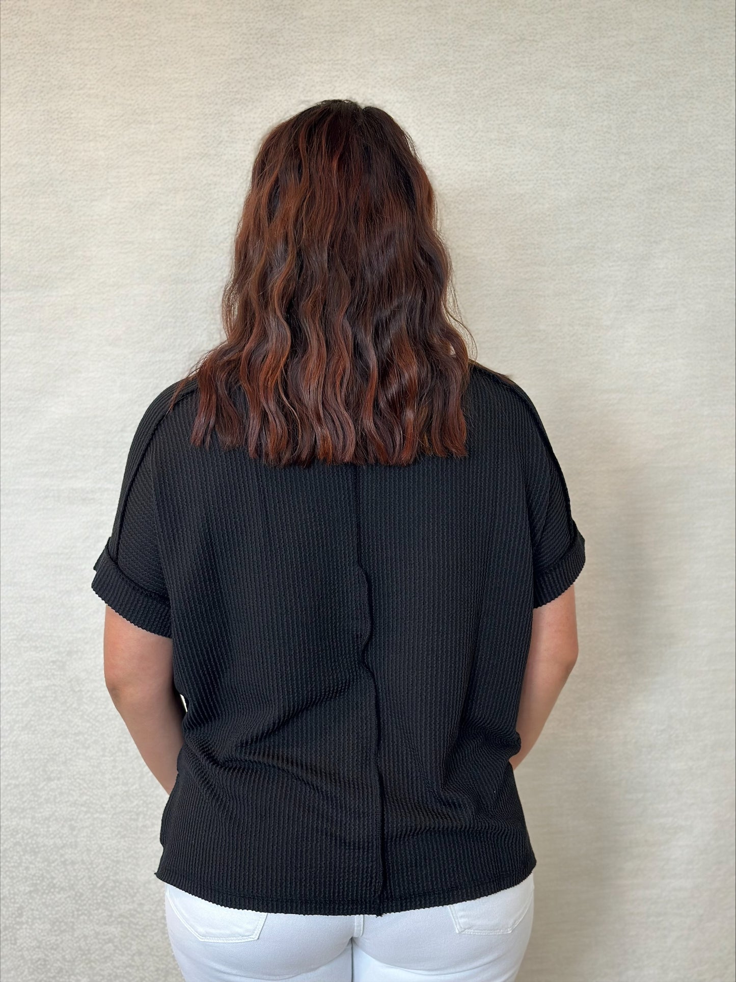 Corded Rib Short Cuff Sleeve Raw Edge Top - S/M & L/XL