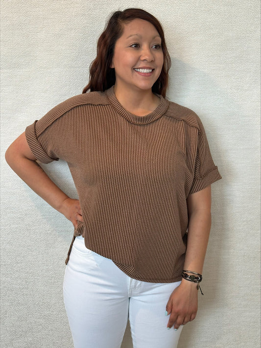 Corded Rib Short Cuff Sleeve Raw Edge Top - S/M & L/XL