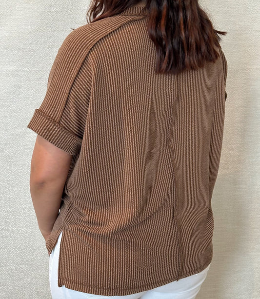 Corded Rib Short Cuff Sleeve Raw Edge Top - S/M & L/XL