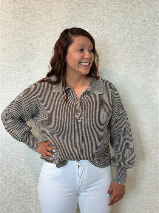 Washed Collared Henley Sweater